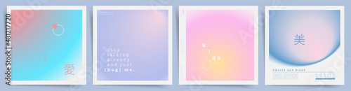 japanese meaning - love, beauty. Social media square post template with modern smooth gradient. Gradient aesthetic cover template design set for poster, social media post and promo banners. Vector.