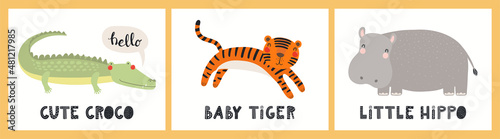 Photography Cute funny tropical animals, crocodile, tiger, hippo, quotes