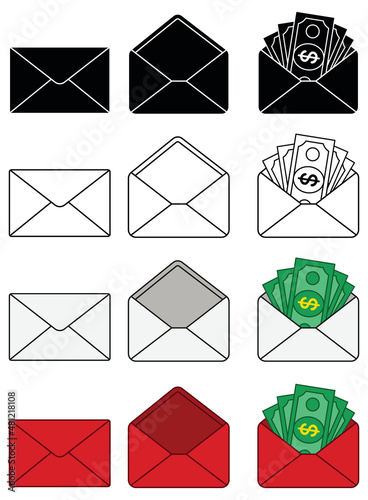 Gift Envelope full of Money Clipart Set - Outline, Silhouette and Color