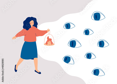 The woman faces her fears. Female overcomes her phobias and mental issues. The girl lights her way with lantern and releases from psychological problems.Self-rehabilitation concept.Vector illustration photo