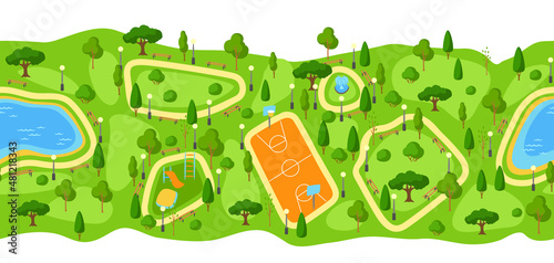 Seamless pattern with beautiful summer or spring city park. Urban public space with lake, lawn and trees for walking.