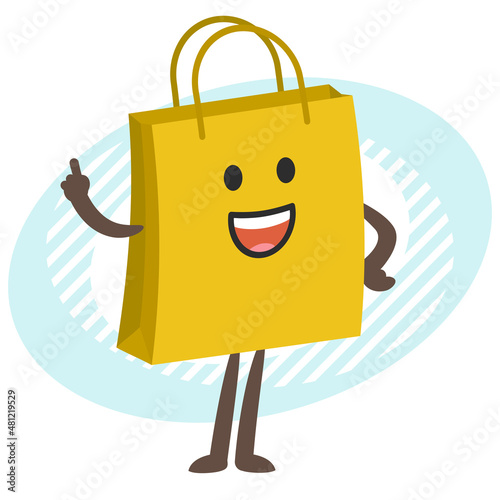 Cartoon Shopping Bag Character explaining and showing the index finger