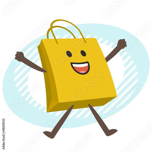 Cartoon Shopping Bag Character joyfully jumping.