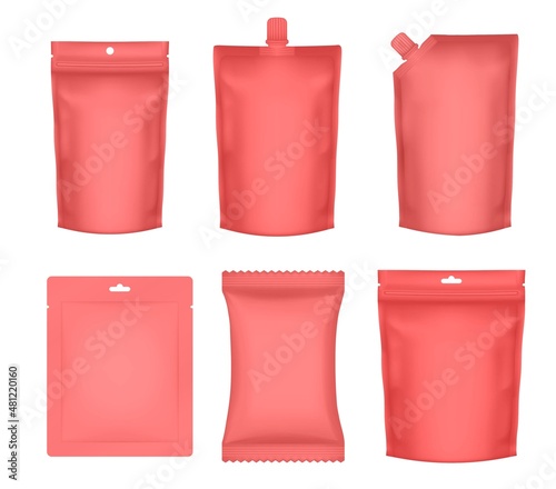 Set of realistic doy pack mockups. Red flow pack, sachet, zip bag and doypack. Ice cream wrapper. Sheet mask sachet. Coffee, sause or candy packaging.