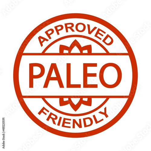 Paleo approved friendly stamp. Paleo diet. Orange round frame. Product label. Logo or icon. Sticker