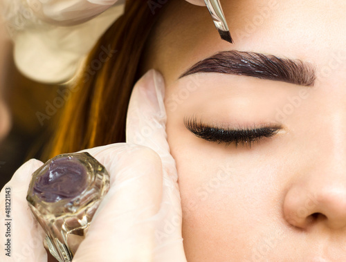 The makeup artist applies paint to the eyebrows.  Permanent makeup. Staining with henna paint.