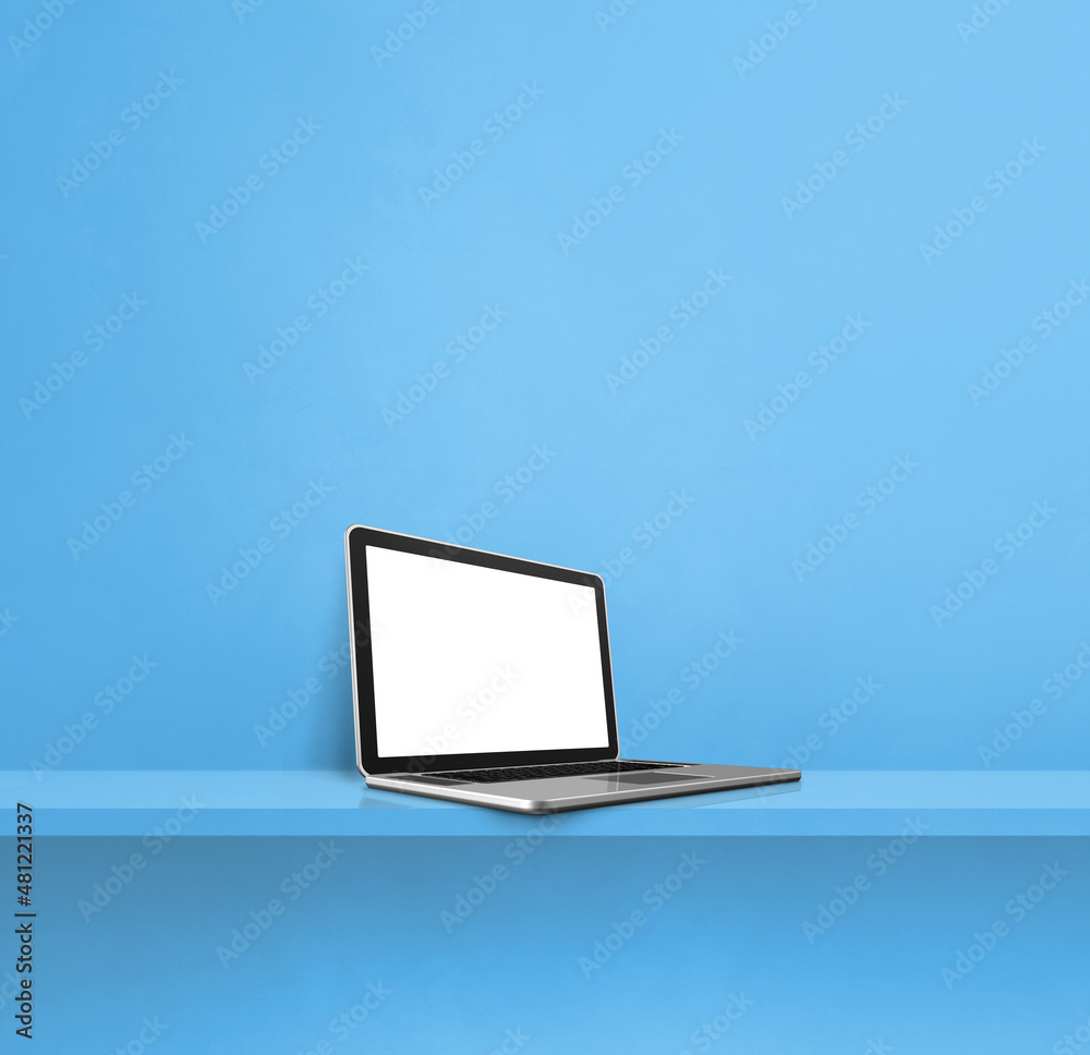 Laptop computer on blue shelf. Square background Laptop computer on blue shelf. Square background