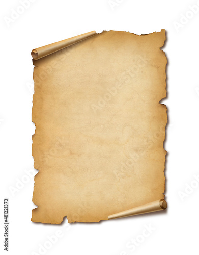 Old mediaeval paper sheet. Parchment scroll isolated on white with shadow