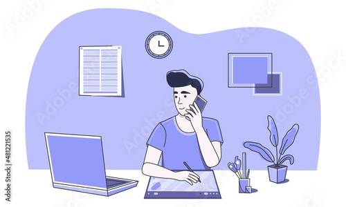 Drawing on a graphics tablet. Graphic designer at work discussing a project. Communicate with the client using mobile communication. Work from home or in the office. Freelance. Earn money. Web design.