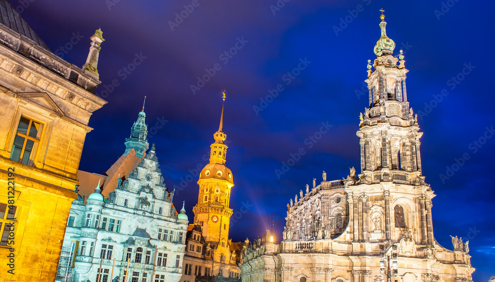 Roman Catholic Cathedral of Dresden at night, Germany.