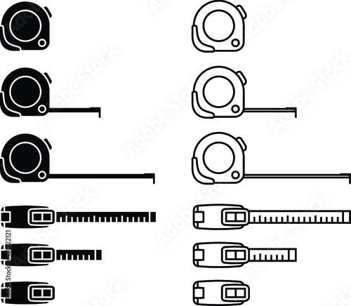 Measuring Tape Tool Extended Clipart Set - Outline and Silhouette