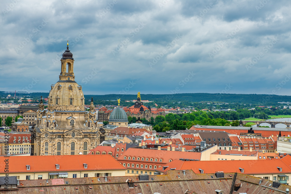 Panoramic aerial view of Dresden buildings, Germany.