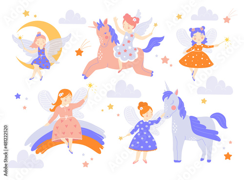 Fototapeta Naklejka Na Ścianę i Meble -  Set of cute magical fairies. Little characters with wings, unicorn, rainbow and moon. Design elements for printing on children clothing. Cartoon flat vector collection isolated on white background