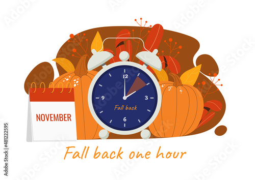 Daylight saving time concept. Fall back one hour. Colorful poster with clock, calendar, autumn leaves and pumpkins. Decrease or increase daytime. Cartoon contemporary flat vector illustration