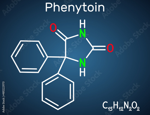 Phenytoin, PHT, diphenylhydantoin molecule. It is anticonvulsant, anti-epileptic, anti-seizure drug, hydantoin derivative. Structural chemical formula on the dark blue background.