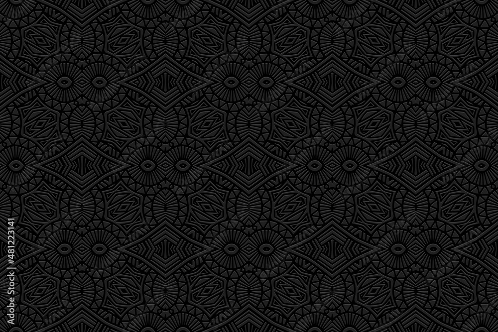 Embossed original black background, vintage cover design, ethno style. Geometric monochrome 3D pattern, Motifs of the peoples of the East, Asia, India, Mexico, the Aztecs.