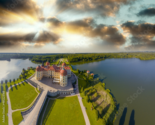 Obraz na plátně Panoramic aerial view of Moritzburg Castle on a clear sunny day, Saxony - Germany
