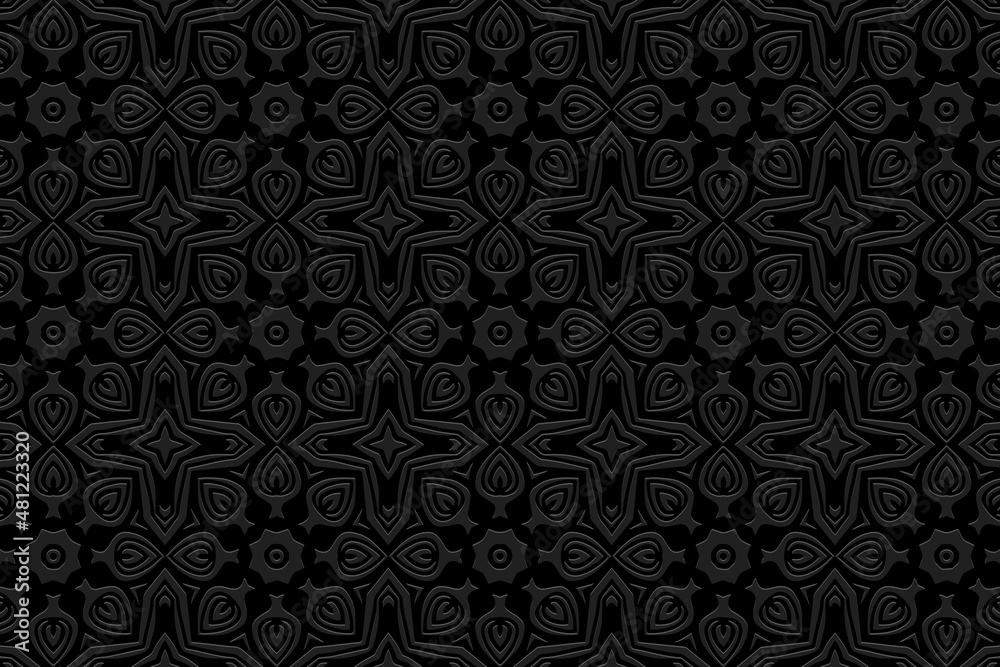 Embossed creative black background, vintage cover design, ethno style. Geometric monochrome 3D pattern, Motifs of the peoples of the East, Asia, India, Mexico, the Aztecs.