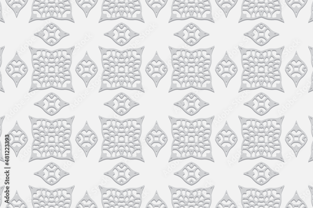 Fototapeta premium Embossed minimalist light background, vintage cover design, ethno style. Geometric monochrome 3D pattern, Motifs of the peoples of the East, Asia, India, Mexico, the Aztecs.