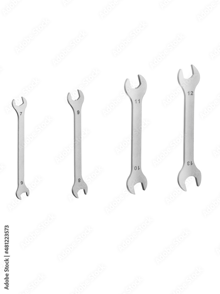 Row of mechanic silver metal tool wrench for repair isolated on white Row of mechanic silver metal tool wrench for repair isolated on white