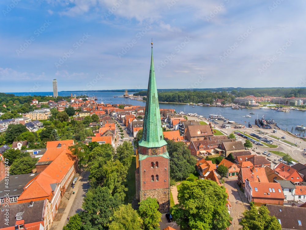 Panoramic aerial view of Travemunde cityscape on a clear sunny day, Lubeck District - Germany. Panoramic aerial view of Travemunde cityscape on a clear sunny day, Lubeck District - Germany.