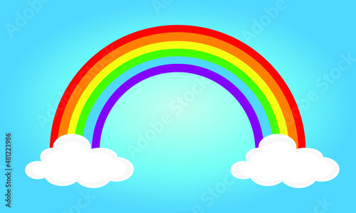 Rainbow and Cloud in The Sky. Cartoon Flat Design Style. Vector illustration of color rainbow s lines and clouds. Symbol of nature  clear  summer. Flat style concept Vector illustration 