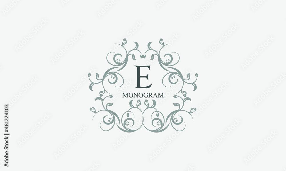 Exquisite floral logo with elegant letter E. Business sign, identity monogram for restaurant, boutique, hotel, heraldic, jewelry