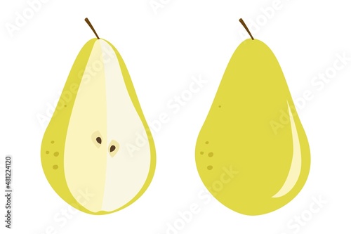 Pear whole and cut vector illustration, pear fruit yellow color minimalistic style