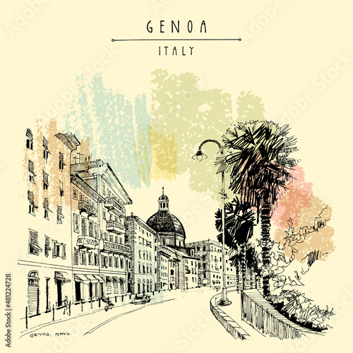 Vector Genoa, Liguria, Italy, Europe postcard. Beautiful old buildings and palm trees along the street. Travel sketch. Artistic hand drawn vintage book illustration, touristic postcard, poster
