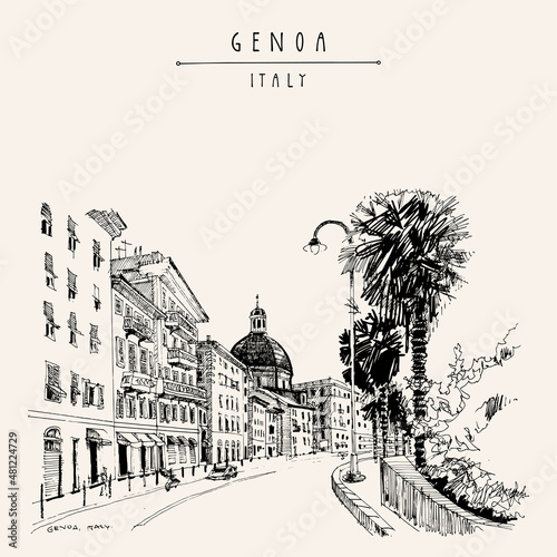 Vector Genoa, Liguria, Italy, Europe postcard. Beautiful old buildings and palm trees along the street. Travel sketch. Artistic hand drawn vintage book illustration, touristic postcard, poster