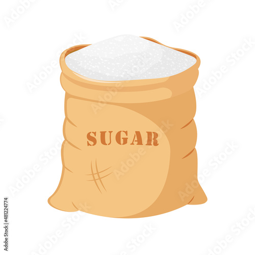 Sugar in an open canvas bag. White sugar packaging, cartoon style.