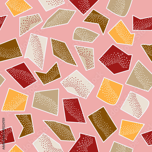 Seamless pattern of abstract geometric elements with a mosaic texture on a pink background for textiles, decoration.