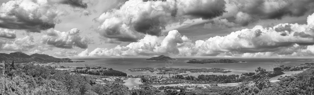 Black and white panoramic aerial view of Eden Island and Mahe seascape from the hill, Seychelles.
