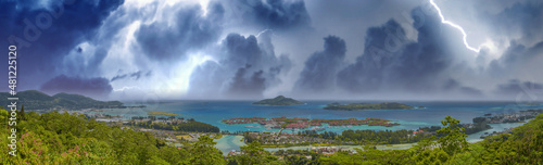 Panoramic aerial view of Eden Island and Mahe seascape from the hill during a storm, Seychelles.