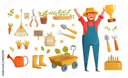 Farmer cartoon character with equipment vector illustrations set. Happy gardener holding gold cup or trophy with first place, farm tools isolated on white background. Gardening, farming concept