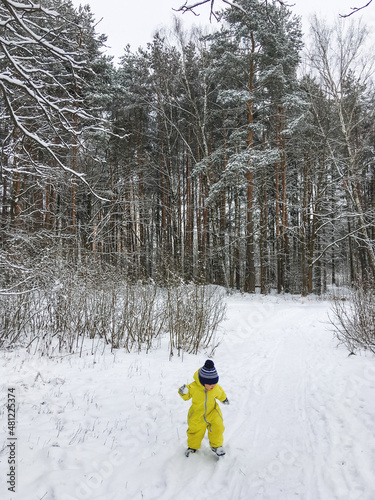 Little boy in bright yellow jumpsuit walks in forest. Outdoor leisure activity for children in winter season. Healthy lifestyle and exploration of nature.