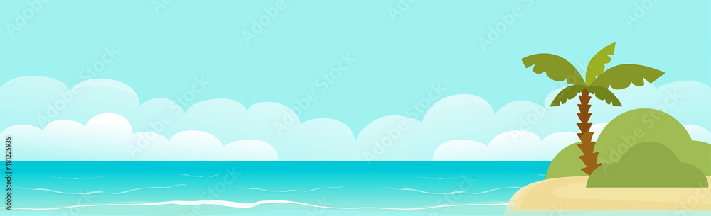 Exotic beach coast line vector or sunny tropical paradise island with sea background flat cartoon illustration, summer ocean panorama lagoon with palm tree foliage and beauty empty resort bay
