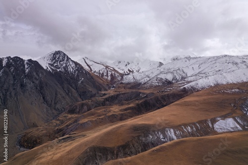 aerial view of snow covered mountains in the North Caucasus