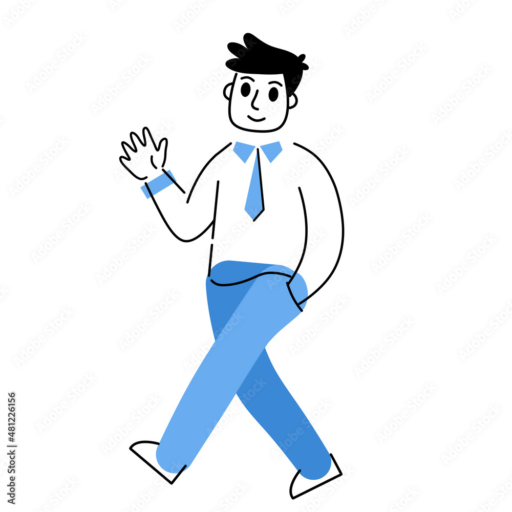 Man walk on white background. Gesture of greeting. Modern trendy geometric fat character. Outline cartoon illustration on white background Man walk on white background. Gesture of greeting. Modern trendy geometric fat character. Outline cartoon illustration on white background