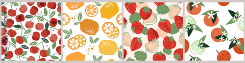 A set of seamless patterns with fruits and berries. Strawberry, cherry, orange, tangerine, lemon is a healthy natural food. Vector graphics.