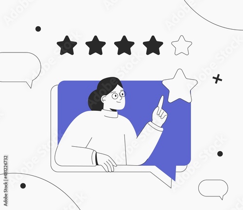 Customer feedback review with give 5 star rating. Customer woman review and user rating five stars from dialog box in the application. Flat style vector illustration