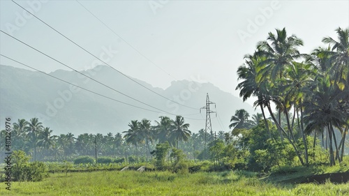 Beautiful Landscape photography of Western Ghats mountain range with a pond covered by green bushes; Amazing view from Kanyakumari District. photo