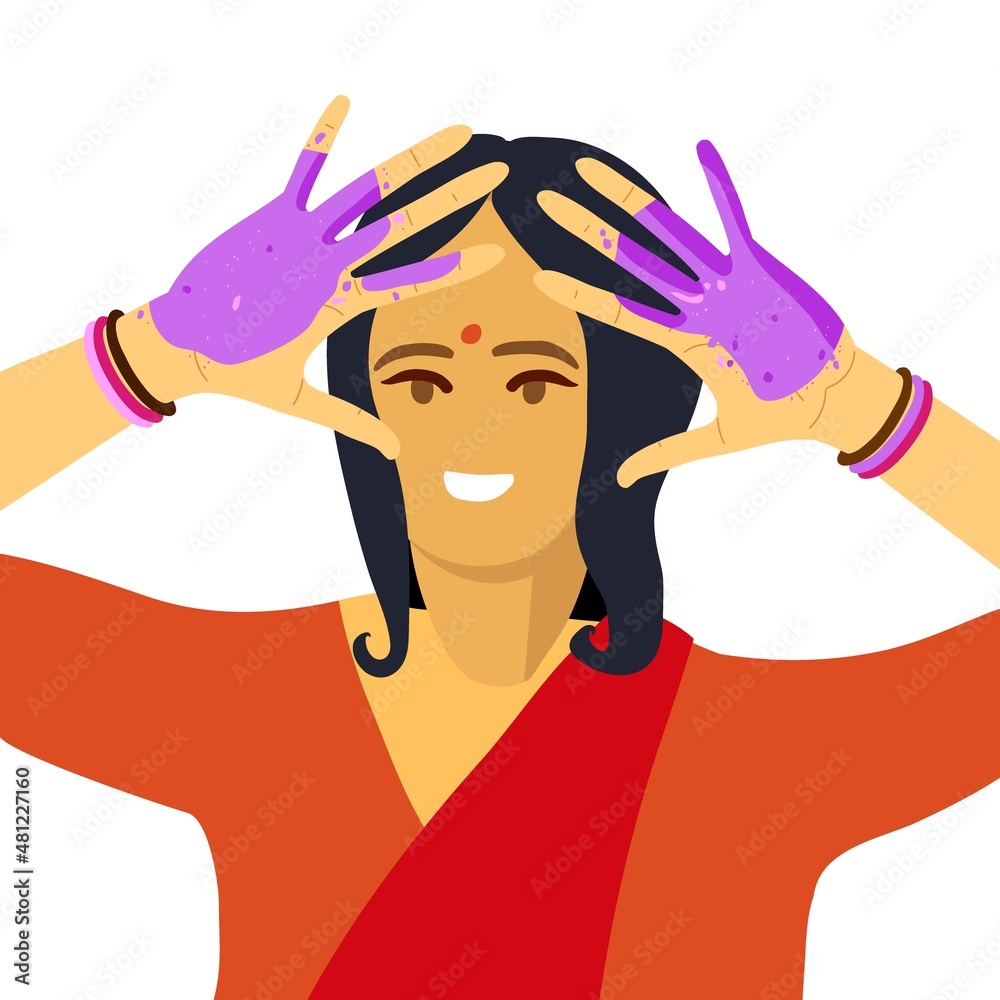 Happy Holi Spring Holiday of India. Indian woman with red saree. Woman hands covered with purple paint wearing bright multicolored bracelets. Indian Holi colors festival vector illustration isolated. Happy Holi Spring Holiday of India. Indian woman with red saree. Woman hands covered with purple paint wearing bright multicolored bracelets. Indian Holi colors festival vector illustration isolated.