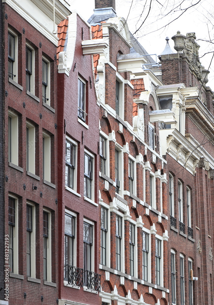 Colorful Historic Brick Canal House Facades in Amsterdam, Netherlands