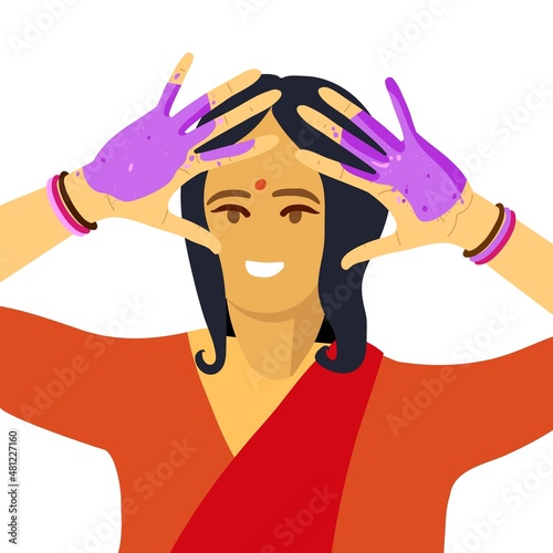 Happy Holi Spring Holiday of India. Indian woman with red saree. Woman hands covered with purple paint wearing bright multicolored bracelets. Indian Holi colors festival vector illustration isolated.