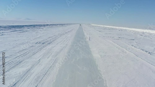 aerial view winter frost Siberia forest winter road