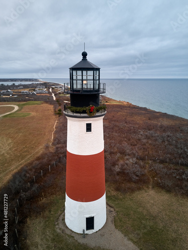 Aerial Drone image of the Sankaty Lighthouse on Nantucket Island Cape Cod currently operated by the USCG
 photo