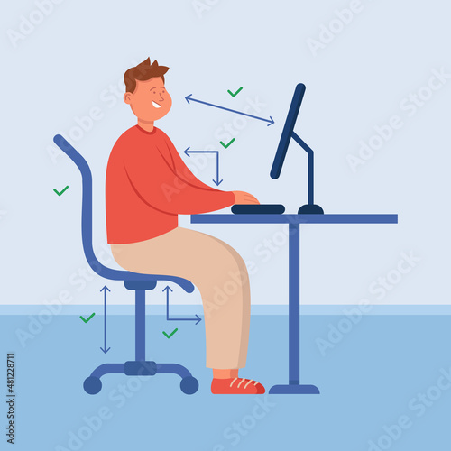 Office person with correct posture sitting at computer desk. Right position and distance between screen and character with healthy back at work flat vector illustration. Health, ergonomics concept