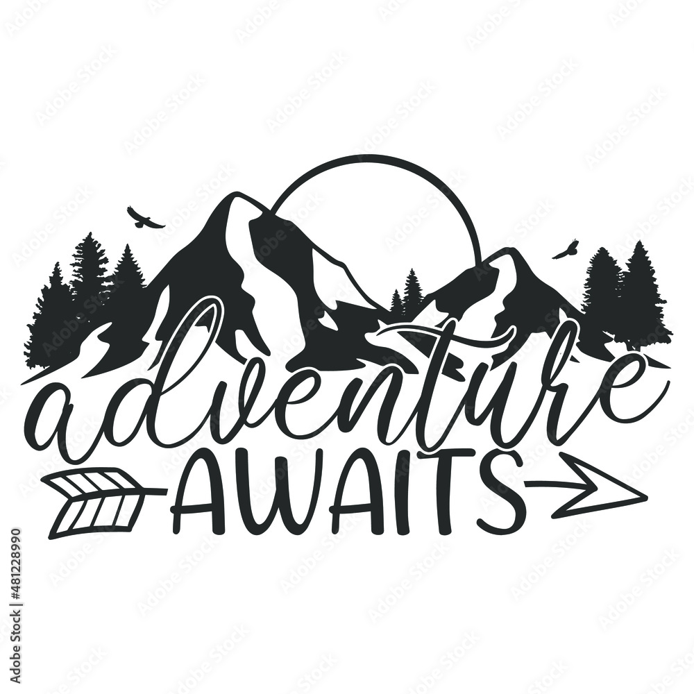 Adventure Awaits Illustration Clip Art Design Shape. Mountain Scene Collection Silhouettes Icon Vector.
