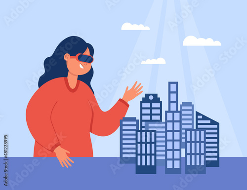Architect with 3d model of city construction on table. Engineer in VR headset modeling office buildings flat vector illustration. Virtual vision or reality, development concept for banner
